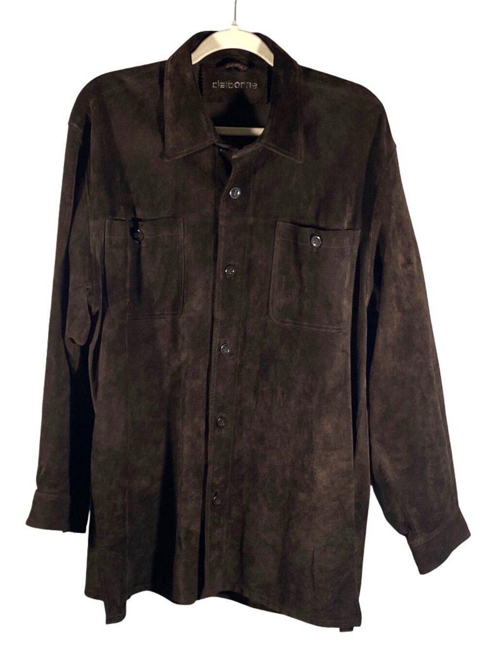 Vintage Claiborne Mens Brown Genuine suede Leather Button-Up Shirt Jacket M dark
